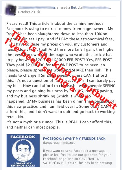a status message from a page owner complaining about promoted posts and reach declines. 