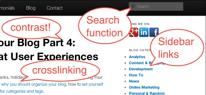 Organization of Blog Elements that improve user experience and readability on a blog, including sidebar links, crosslinking and search.