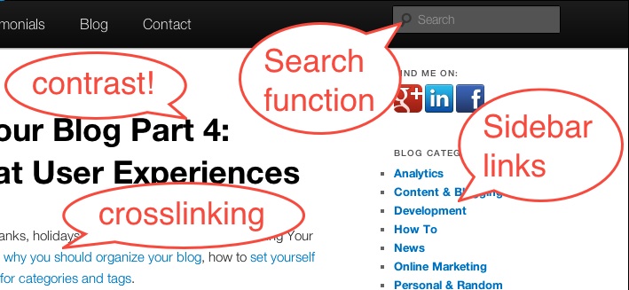 Elements that improve user experience and readability on a blog, including sidebar links, crosslinking and search.