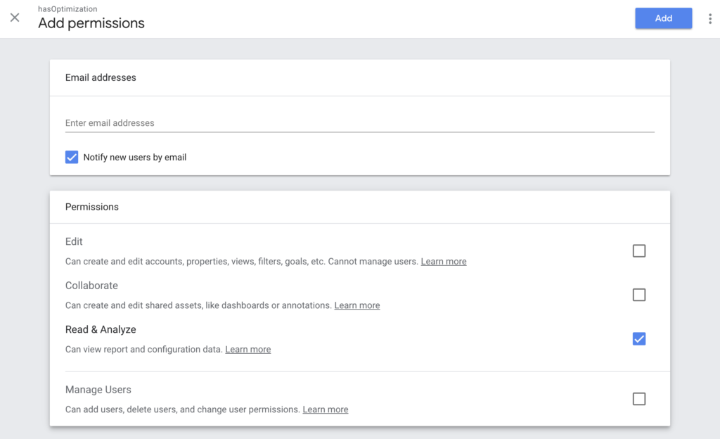 Adding a user in Google Analytics