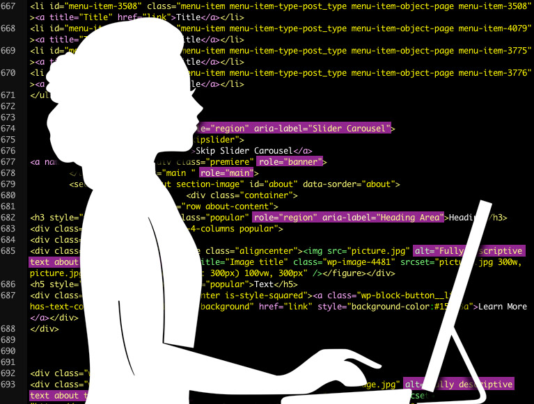 A white silhouette of a person typing at a computer. Behind the silhouette are lines of HTML code with ARIA regions being highlighted in purple