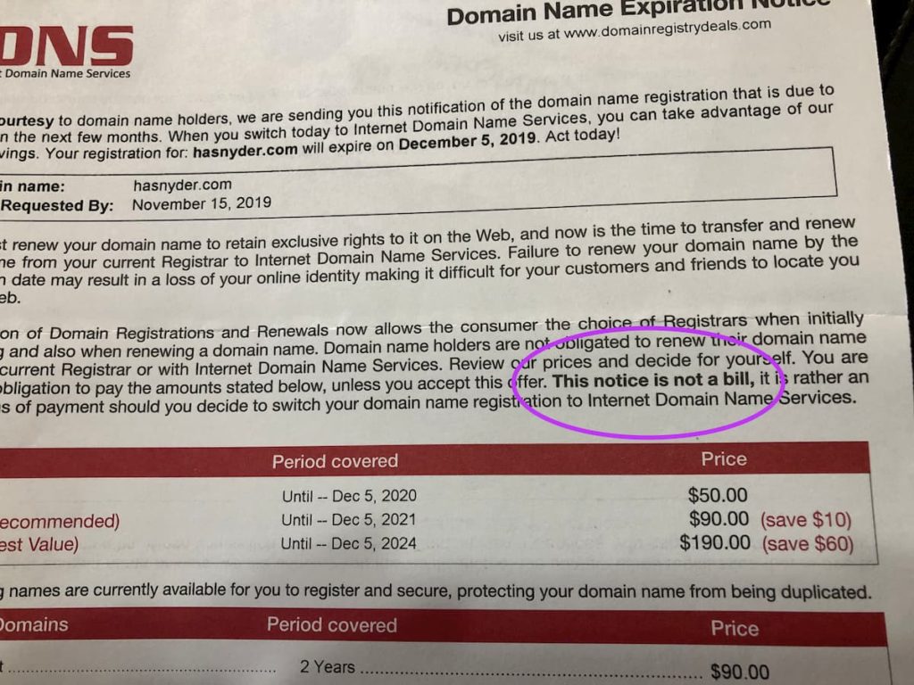 This is not a bill circled in purple on a false domain registration letter