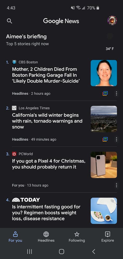 Dark mode on Google News feed