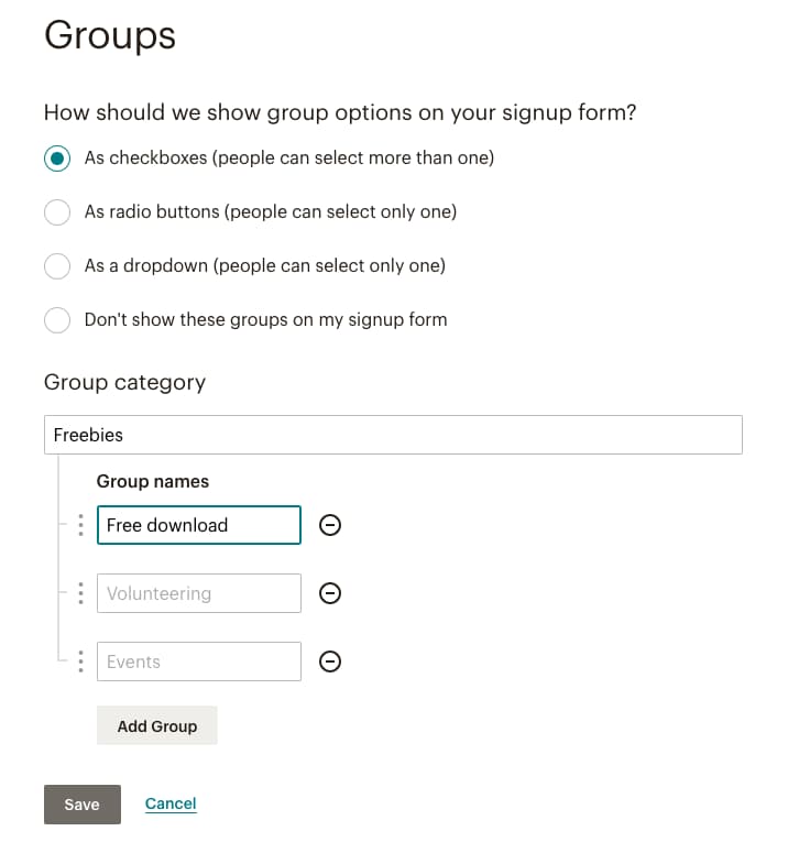 Interest groups setup in MailChimp