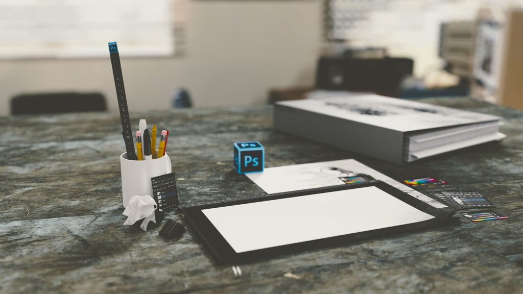 Desktop with papers and pens