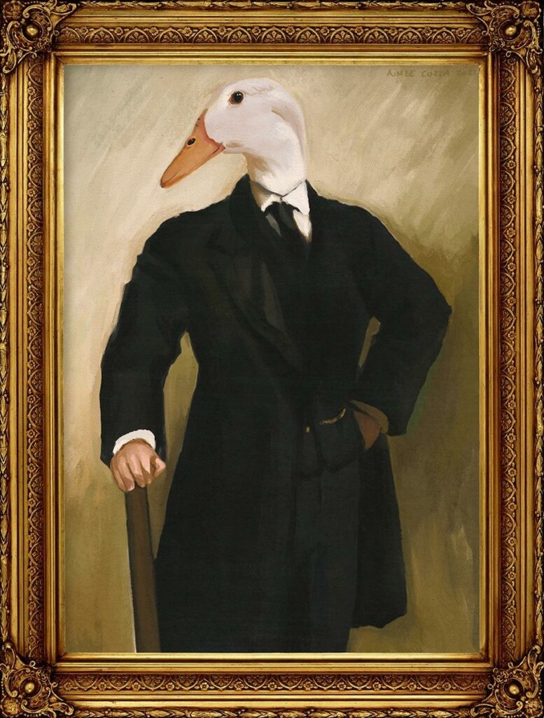 Cole the duck A painting of a duck-headed man leaning into a cane set inside an ornate gold frame.