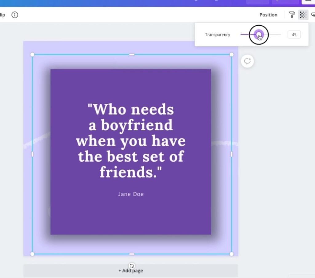 Using the transparency slider in Canva