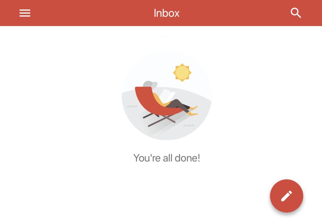 You're all done! You're all done - an empty Gmail inbox with a relaxing person icon in the center