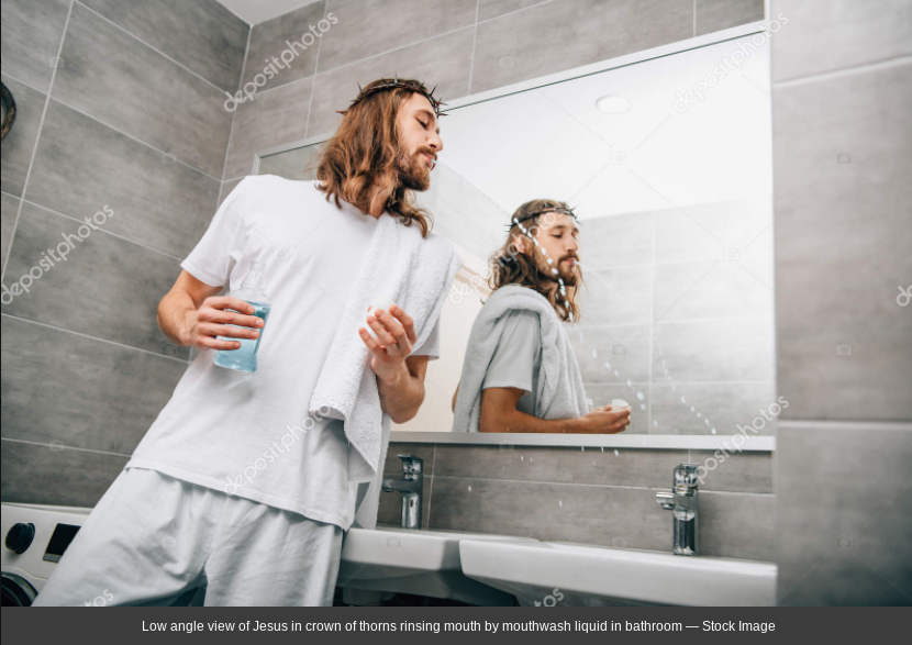 A Jesus-esque looking man wearing a crown of thorns in front of a mirror, spitting mouthwash into a sink