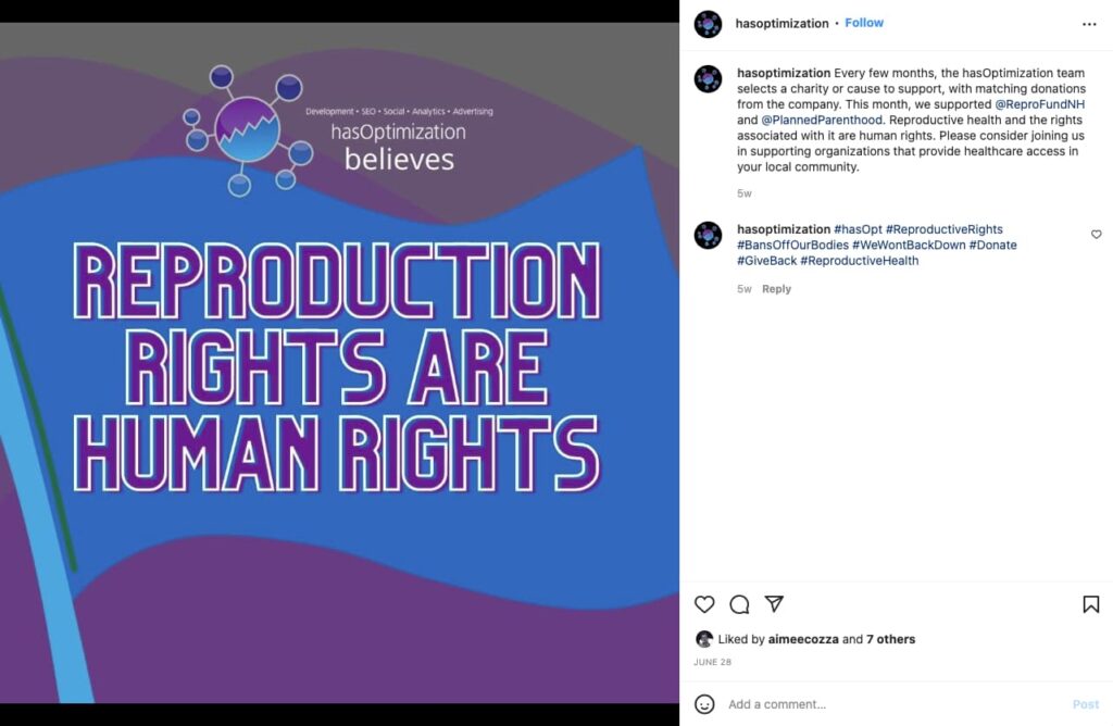 Instagram post of "reproduction rights are human rights" on hasOptimization Instagram.