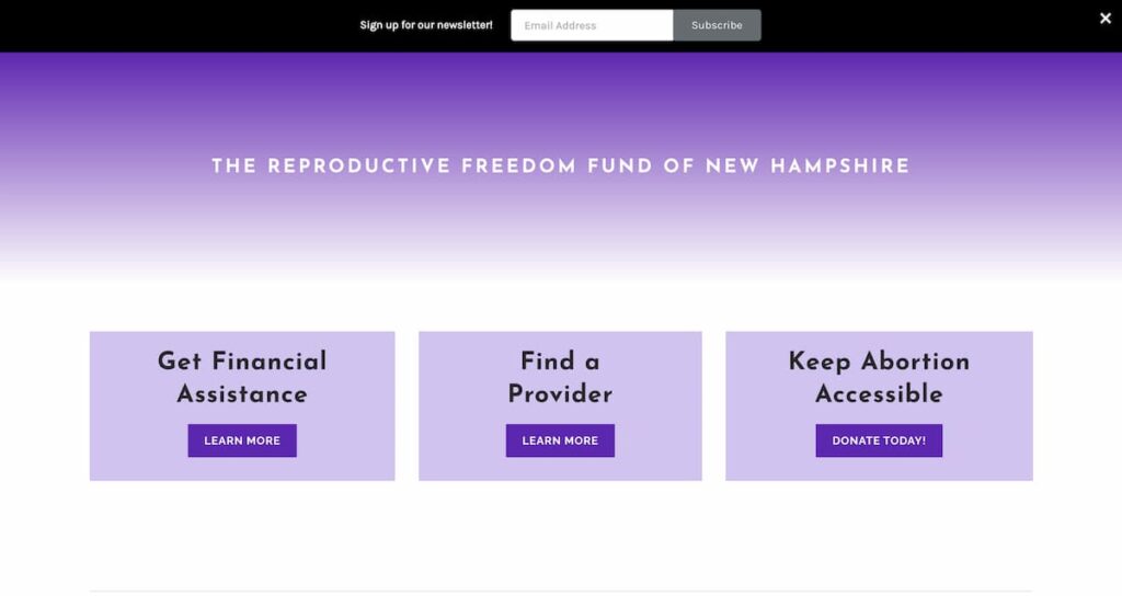 Purple, white, and black website for ReproFund that says "The reproductive freedom fund of New Hampshire" with option boxes that say "get financial assistance", "find a provider", and "keep abortion accessible."