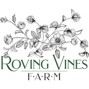 Roving Vines Farm Logo with black and white flowers and text.