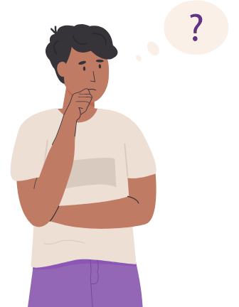 Person contemplating A cartoon depiction of a person thinking about something. They have their fist to their face. A thought bubble is to the right of their head with a question mark in it.