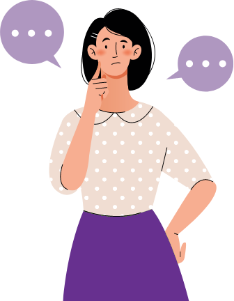 A cartoon depiction of a person considering. The person has a finger to their face, and their other hand on their hip. Two speech bubbles are on either side of their head with "..." in both.