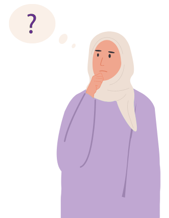 A cartoon depiction of a person wearing a headscarf thinking. A thought bubble with a question mark in it floats to the left of their head.