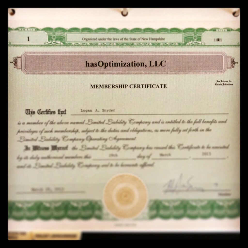 LLC certificate from the State of New Hampshire to hasOptimization LLC issued to Logan A Snyder.