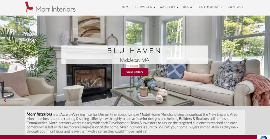 The old Morr Interiors website which uses a white, black, grey, and red color palette.