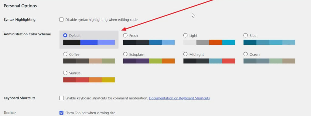 Screenshot of how to change the backend colors on WordPress
