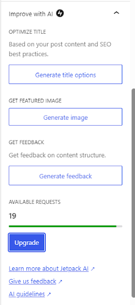 Screenshot of the new AI features on the WordPress 7.0 update