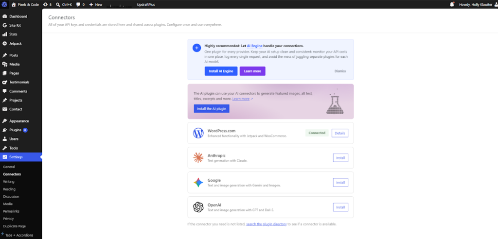 Screenshot of the AI features on the new WordPress 7.0 Update