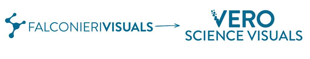 A white graphic with two logos. One is the old Falconieri Visuals logo and next to it is the new Vero Science Visuals rebranded by hasOptimization.